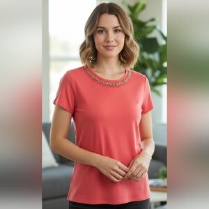 Rafaella Orange Women's Embellished T-shirt Beaded Short Sleeve Size L